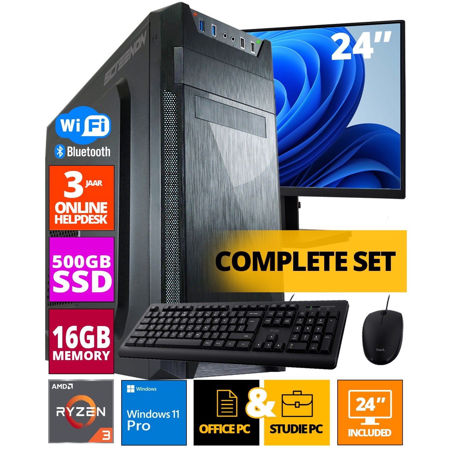 Budget Office PC Set - Ryzen 3 - 500 Go NVME SSD - 16 Go de RAM - Rade