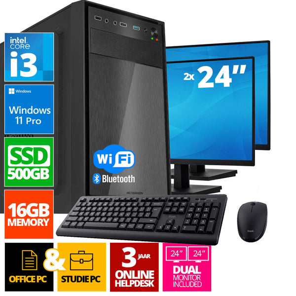 Ensemble PC complet Intel | Intel Core i3 | 16 Go DDR4 | 500 Go SSD - NVME + 2 x moniteur de 24 pouces + souris + clavier | Windows 11 Pro