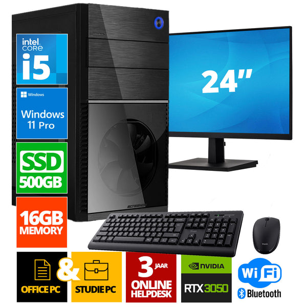 Intel Compleet PC + 24" Monitor + Muis & Toetsenbord | Intel Core i5 | 16 GB DDR4 | 500 GB SSD - NVMe | RTX 3050 | Windows 11 Pro + WiFi & Bluetooth